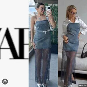 Zara $89 LACE DENIM DRESS BLUE GREY 6045/003 NWT S M L